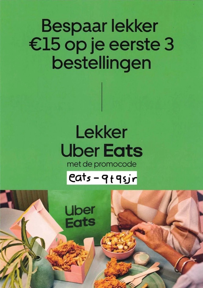 Ubereats €15 korting op je eerste 3 bestellingen