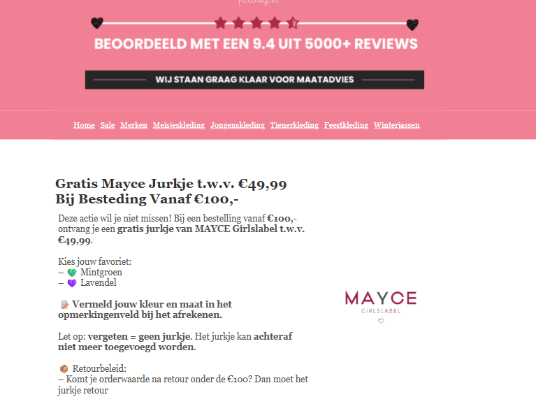 Gratis Mayce Jurkje t.w.v. €49,99 bij merkmeisjeskleding.nl