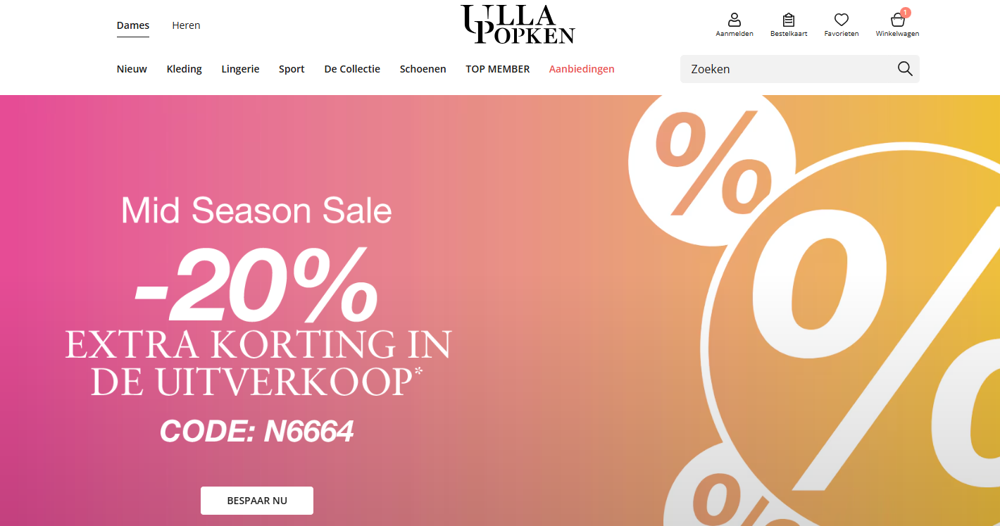 20% korting op de uitverkoop bij Ulla popken en JP1880