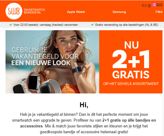 smartwatchbanden.nl: 2+1 gratis op alles