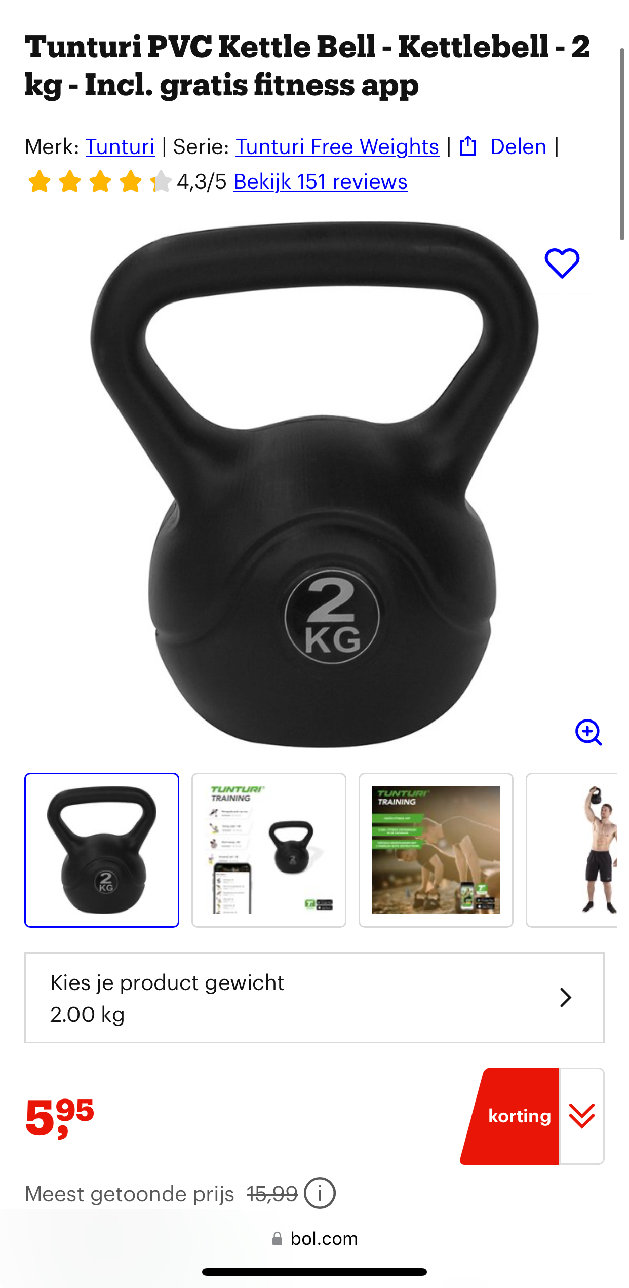 Tunturi PVC Kettle Bell 2 kg + fitness app