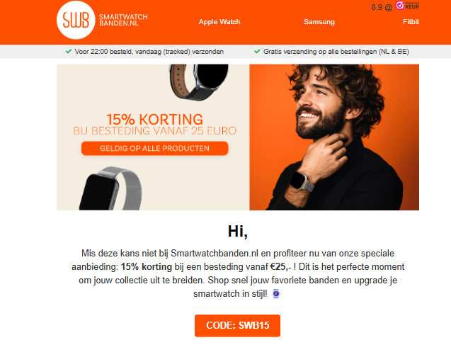 Smartwatchbanden.nl: 15% korting op alles bij aankoop vanaf €25