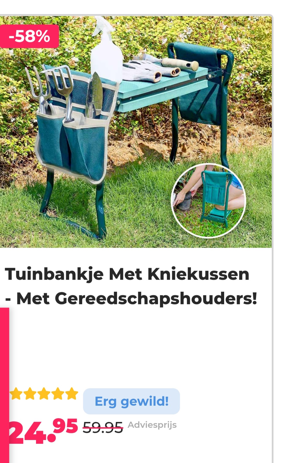 -58% tuinbankje met kniekussen met gereedschapshouder bij voordeelvanger.nl