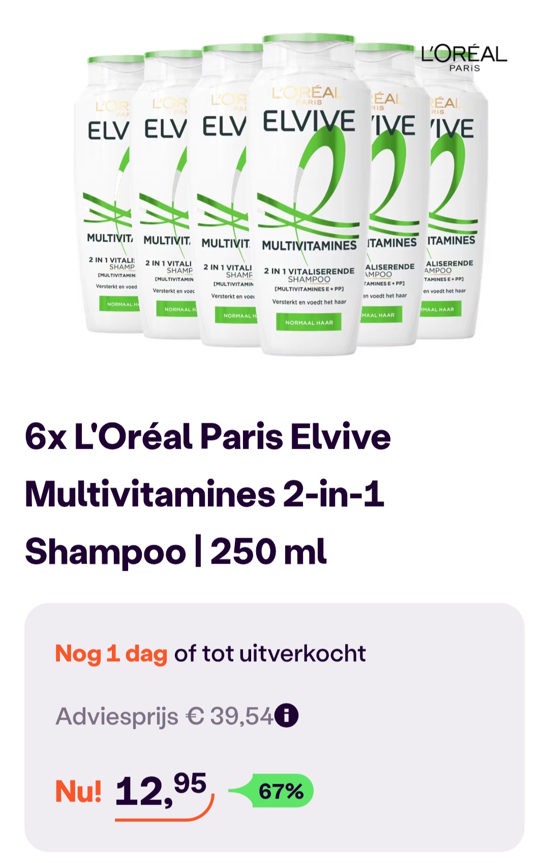 6x L'Oréal Paris Elvive Multivitamines 2-in-1 Shampoo -67% op ibood.com