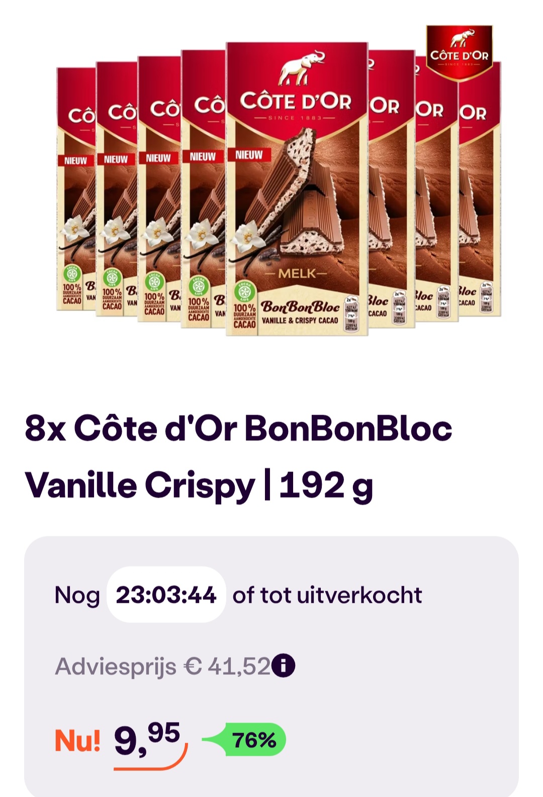 8x Côte d'Or BonBonBloc Vanille Crispy 192 g -76% op ibood.com