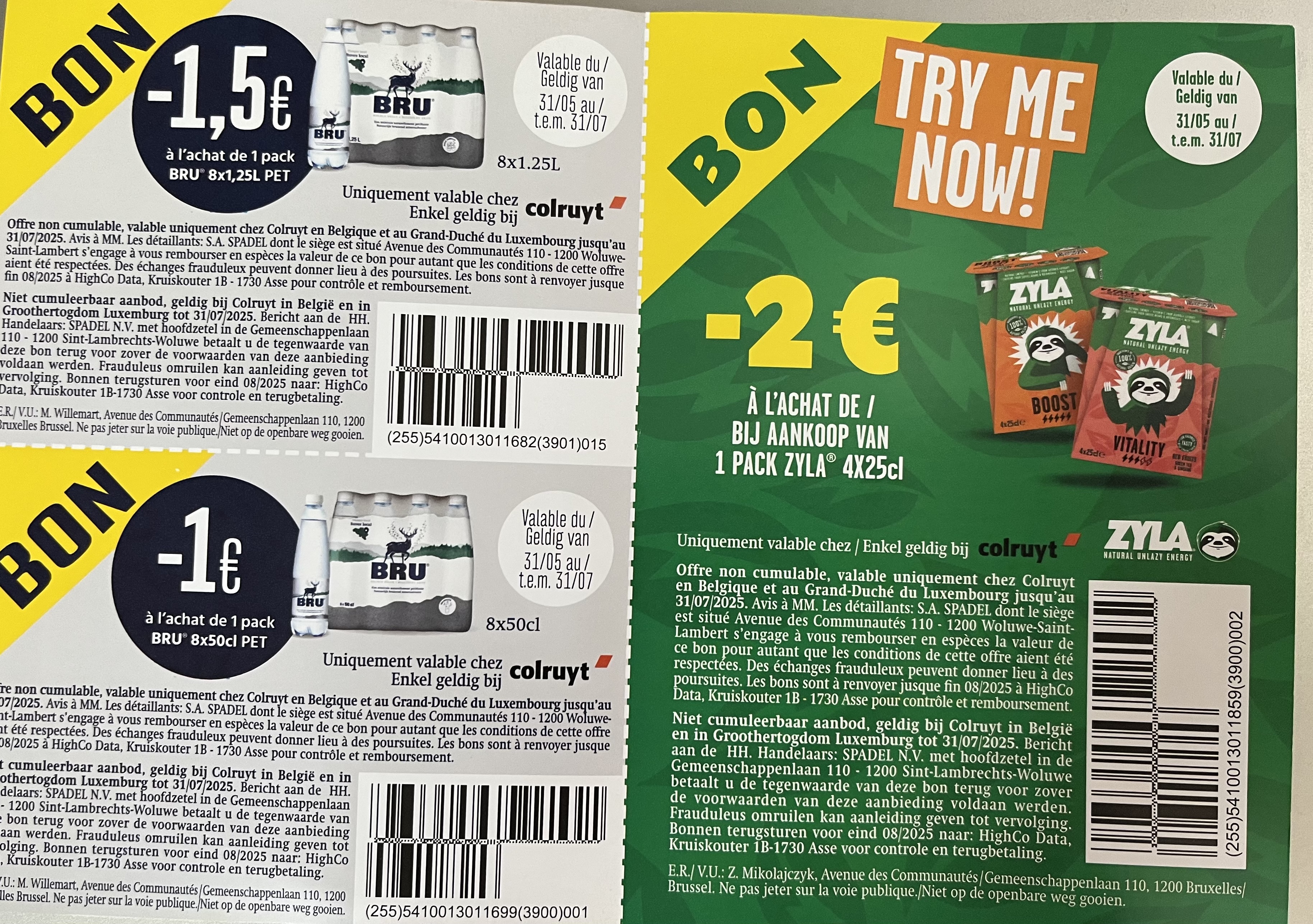 Coupons bru en Zyla aan kassa in Colruyt Lede