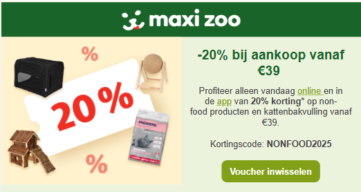 Maxi zoo: 20% korting; enkel vandaag, enkel online