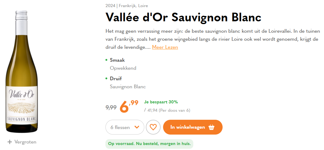 Vallée d'Or Sauvignon Blanc voor €6.99 per fles ipv €9.99