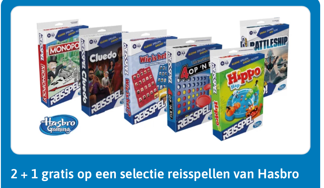 2 + 1 gratis op reisspellen Hasbro
