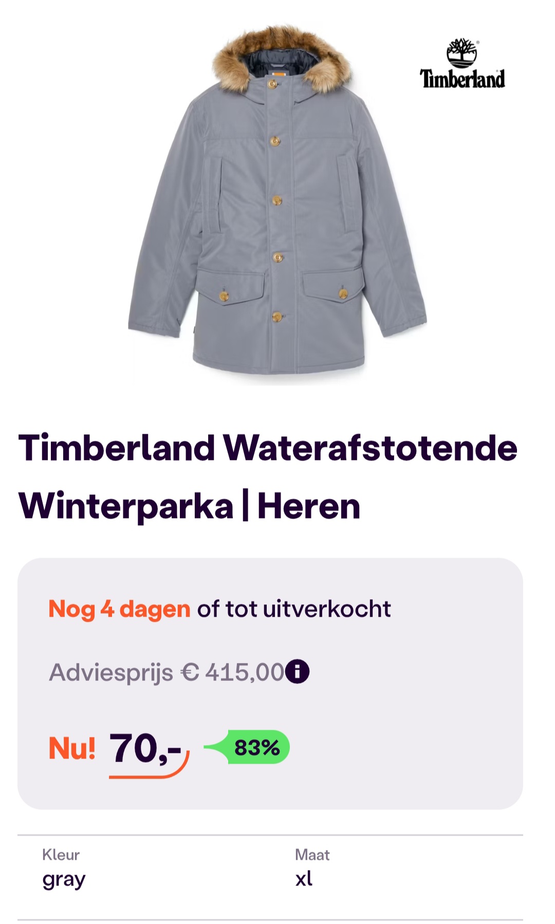 Timberland winterparka grijs enkel maat xl -83% op ibood.com