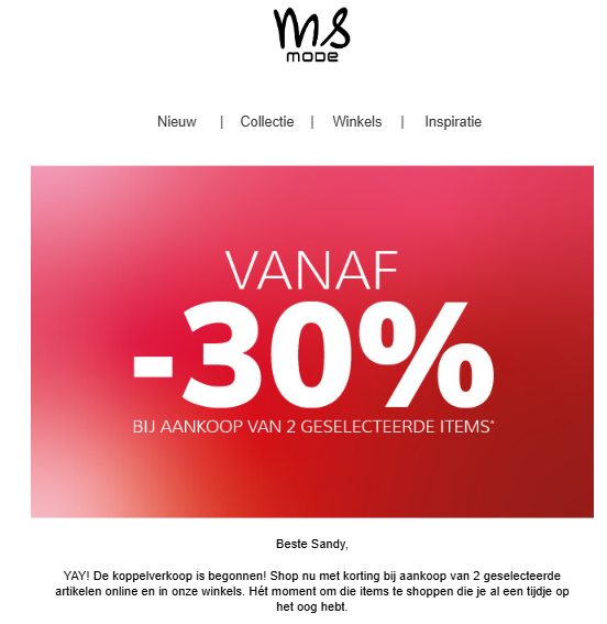 Koppelverkoop: 30% korting bij ms mode