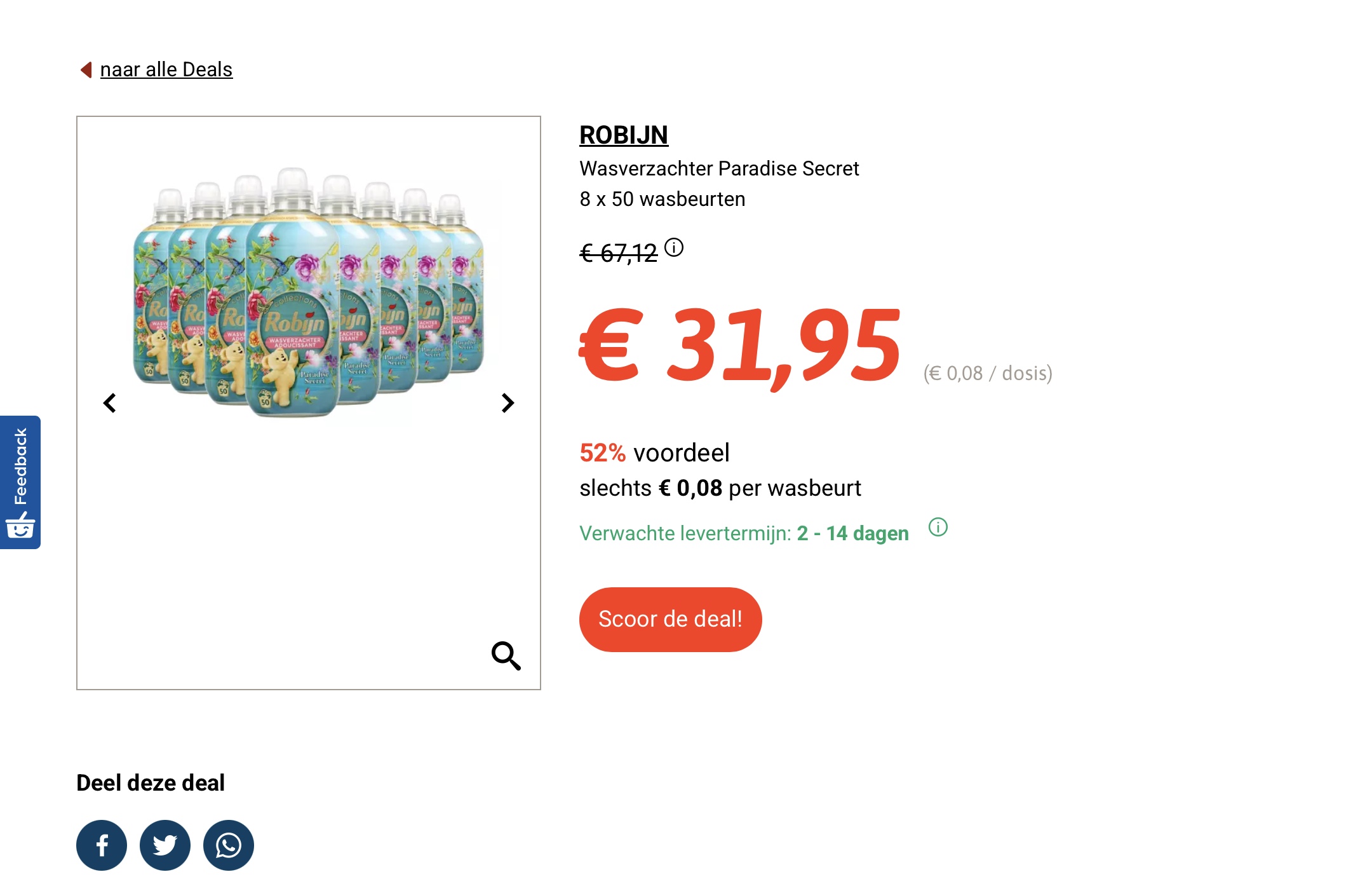 Robijn wasverzachter Paradise secret 8x50 wasbeurten -52% op collect en go deals