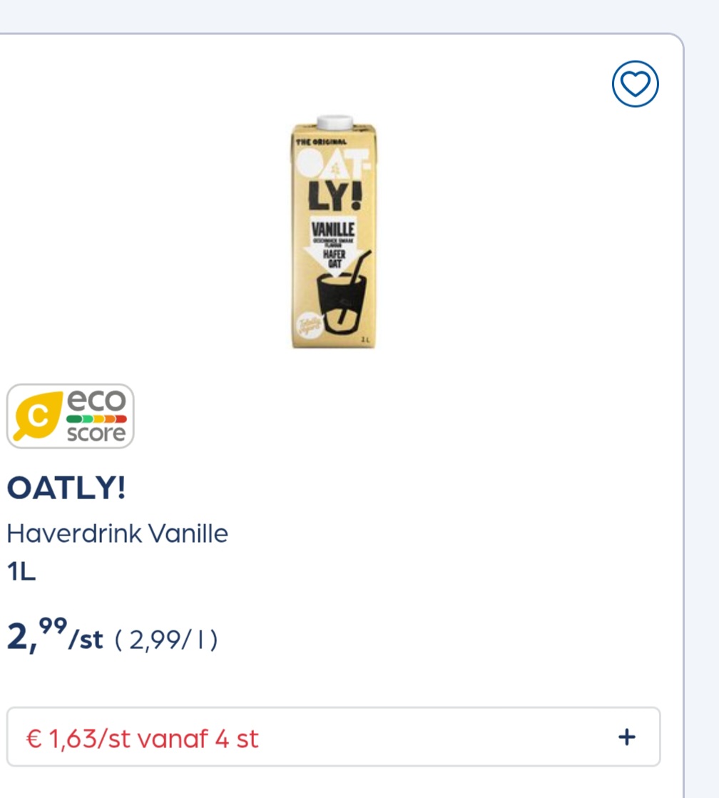 Oatly haverdrink vanille 1L goedkoper