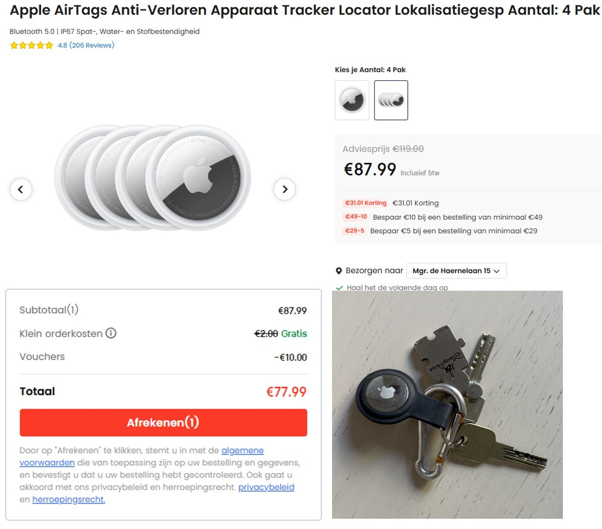 4 Apple AirTags voor slechts €72,99 (€18.24 per stuk) bij Ochama
