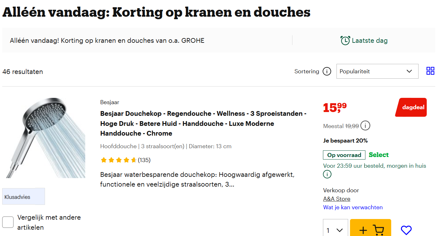 Dagdeal: korting op kranen en douches bij Bol (gekende merken zoals Grohe)