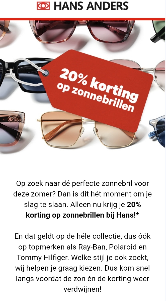 20% korting op zonnebrillen bij Hans Anders