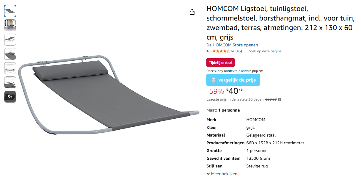 HOMCOM Ligstoel, tuinligstoel, schommelstoel met 59% korting bij Amazon BE