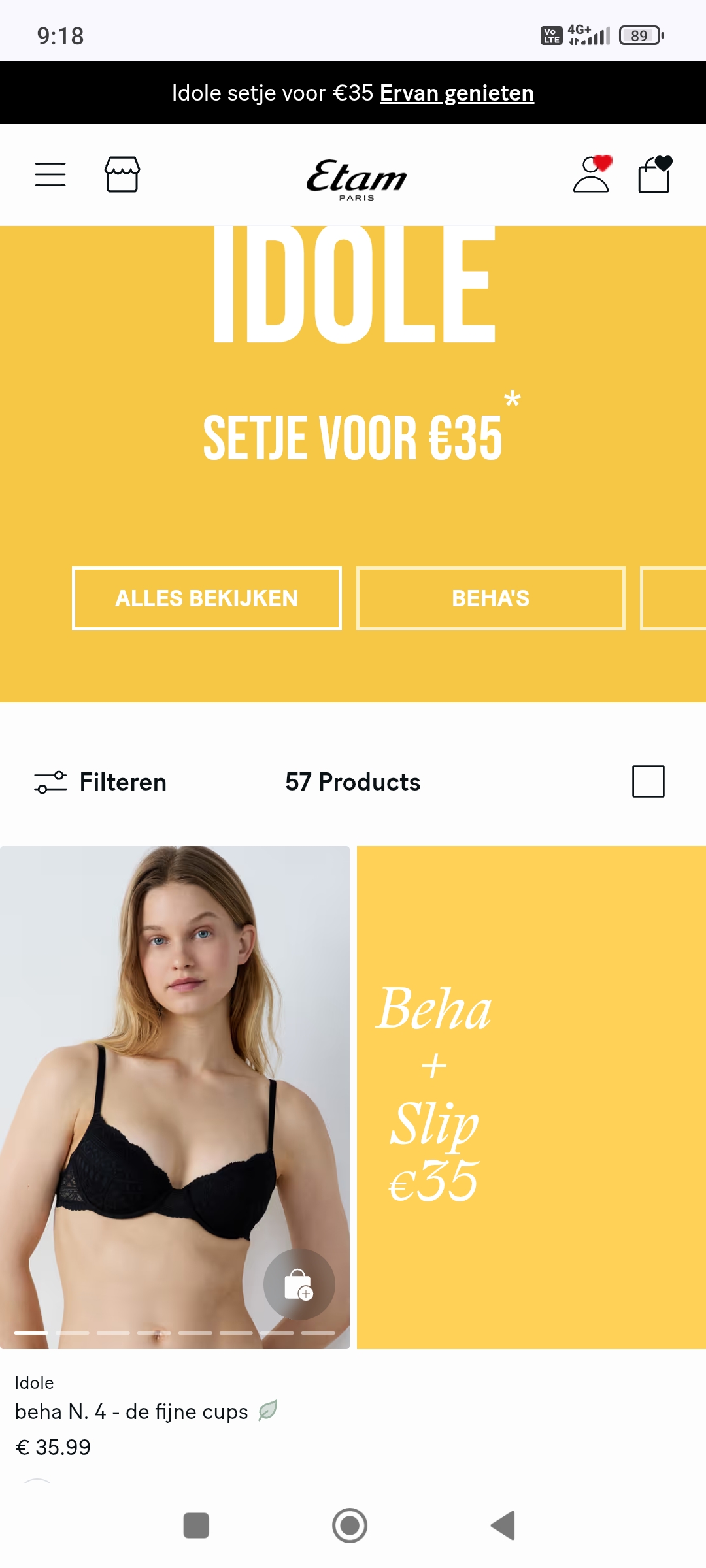 Idolen setje bh+slip voor €35 bij etam