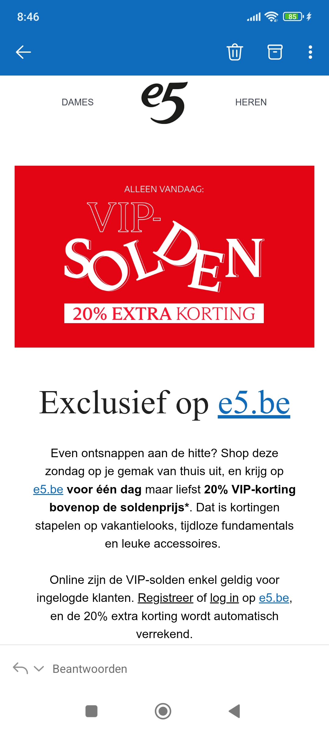 E5: 20% extra korting op de solden