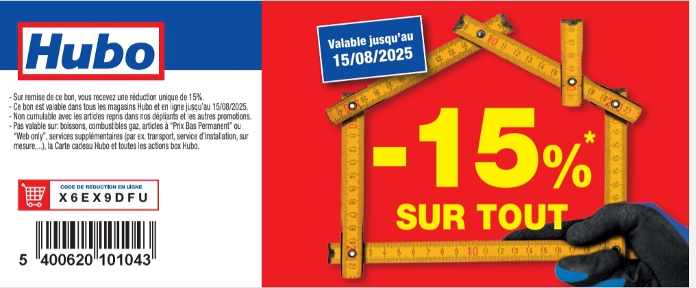 15% sur tout chez Hubo jusqu'au 15/08