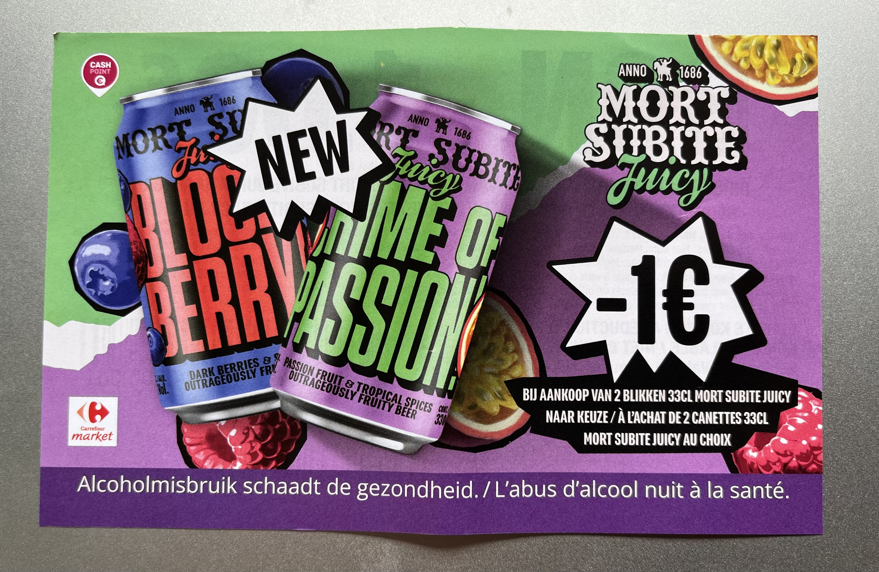 Coupon -1€ voor mort subite blik 33 cl bij Carrefour