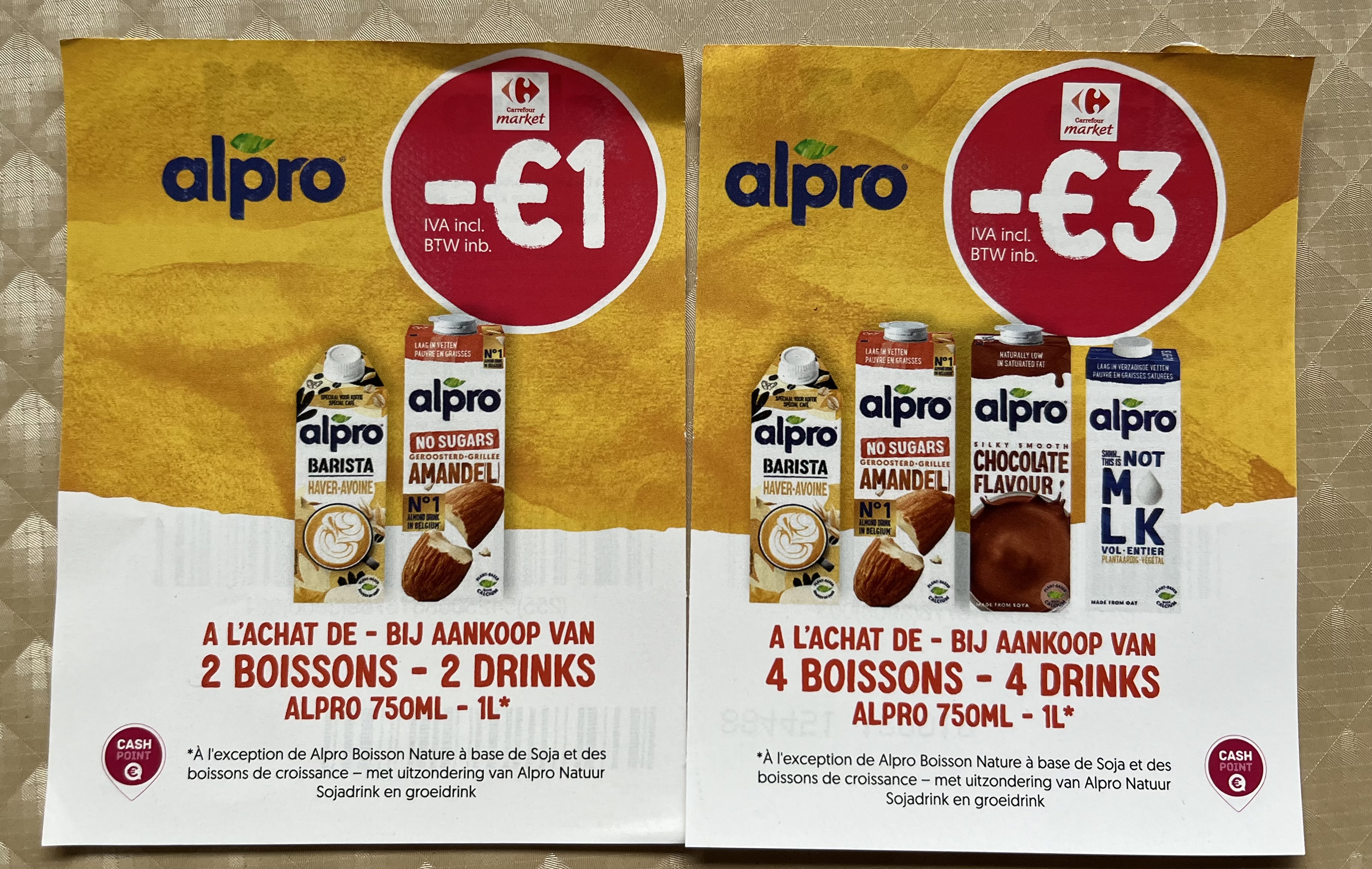 Alpro bonnetjes aan rek -1€ en -3€ bij Carrefour market