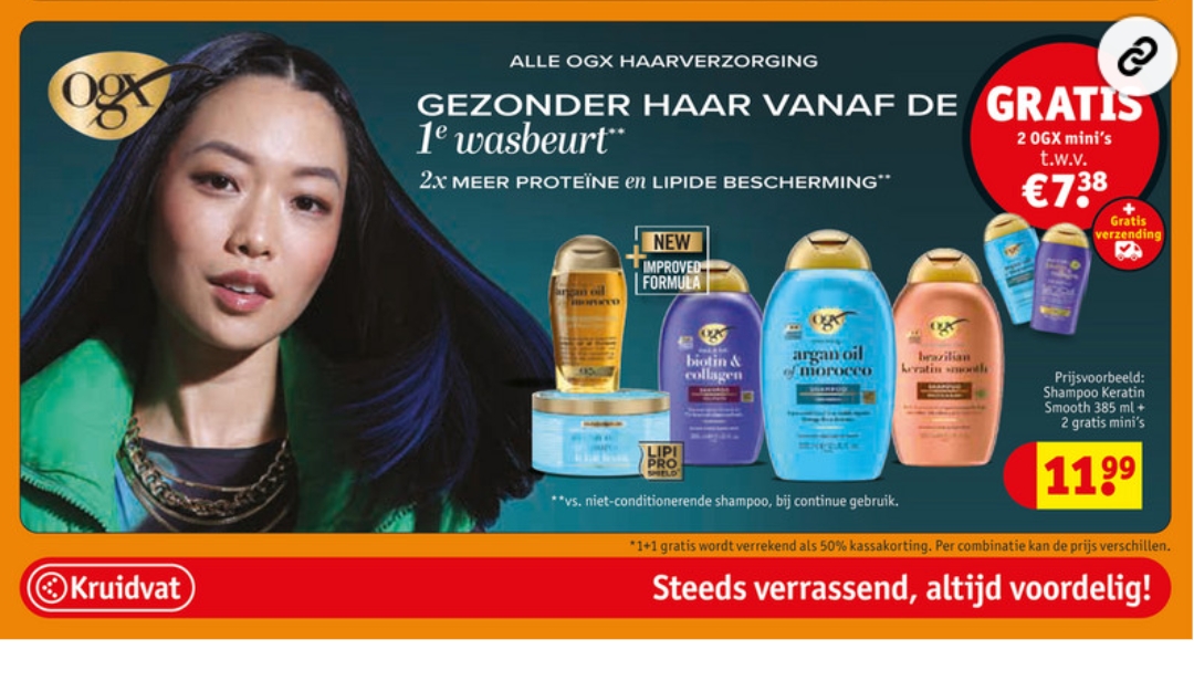Koop OGX grote bussen bij Kruidvat en krijg er 2 mini's bij