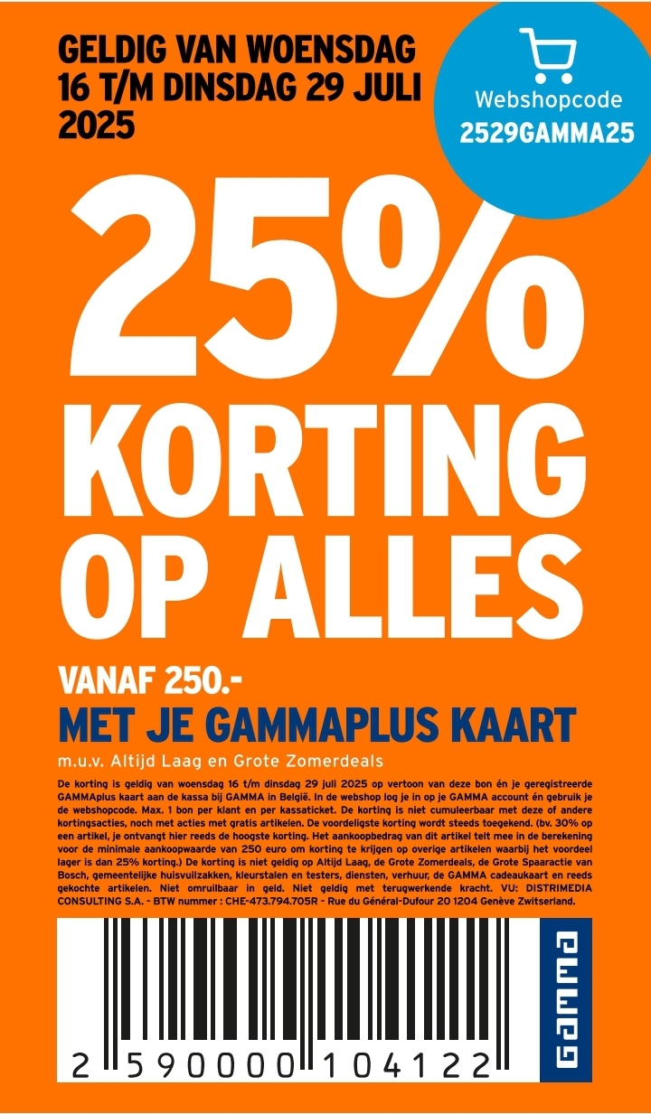25% korting op alles vanaf €250