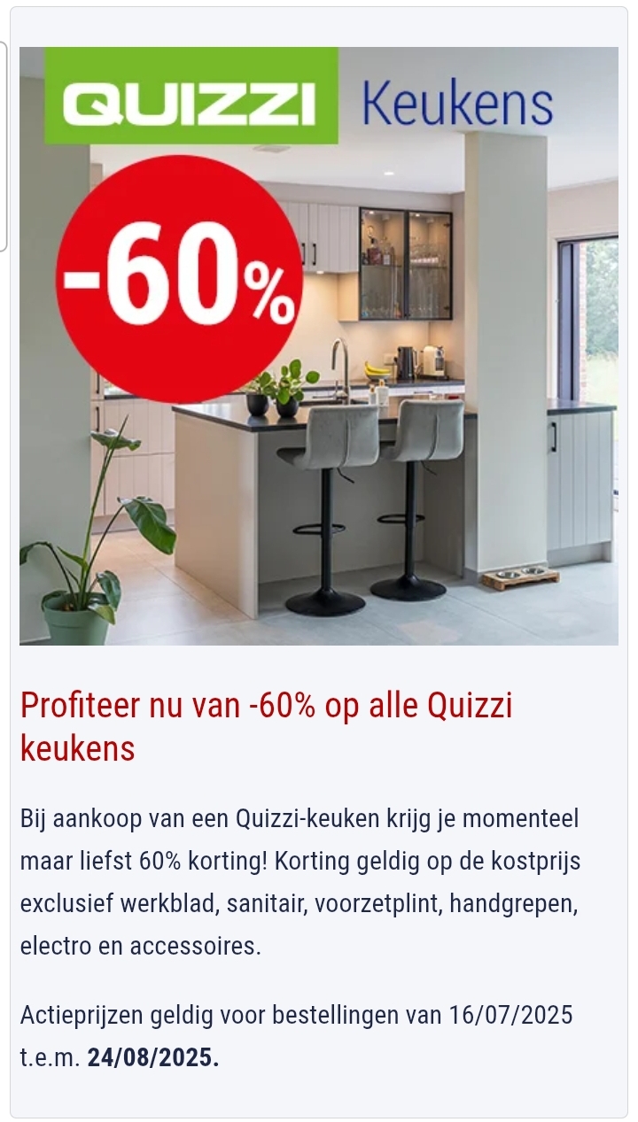 -60% op alle Quizzi keukens bij Hubo