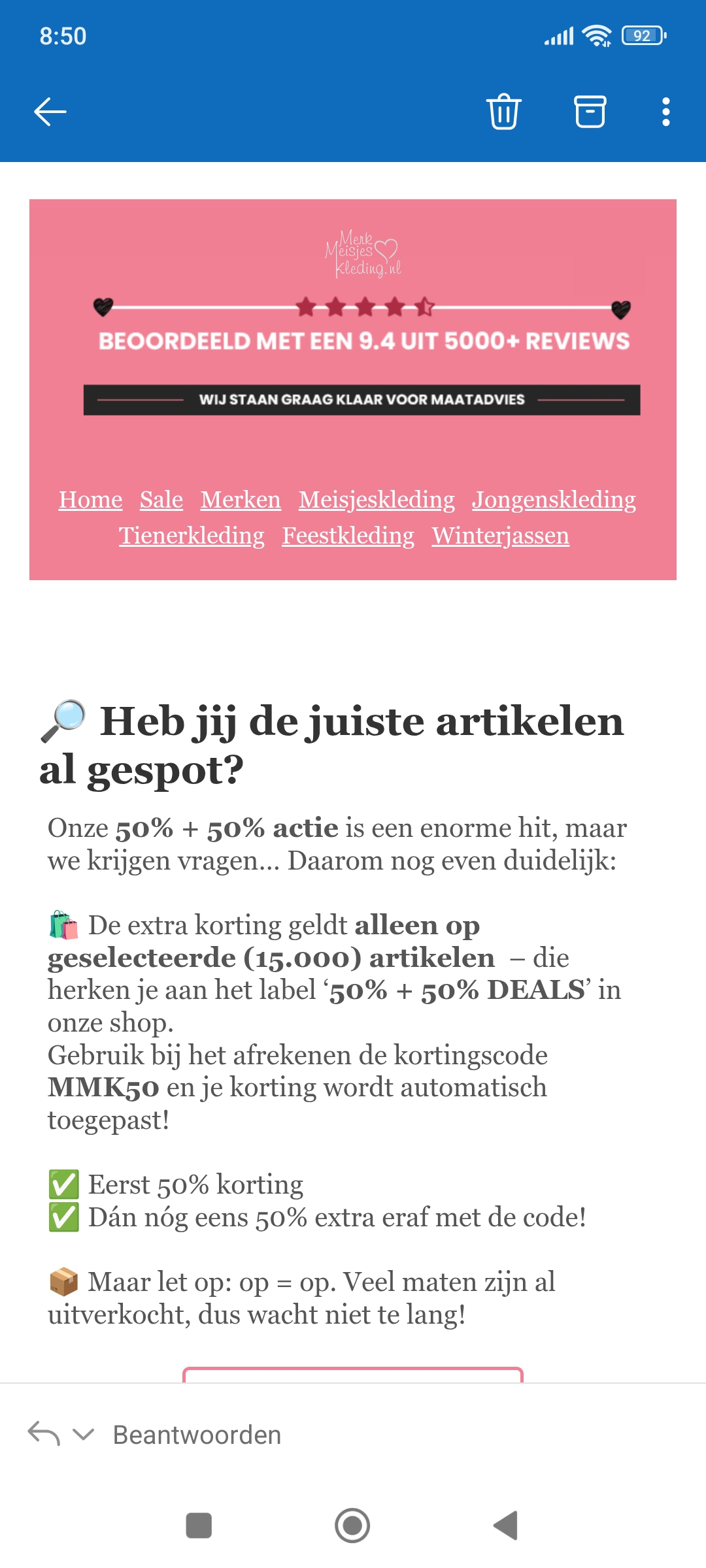 50% + 50% actie bij merkmeisjeskleding.nl