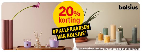 20% korting op alle Bolsius kaarsen bij Pelckmans