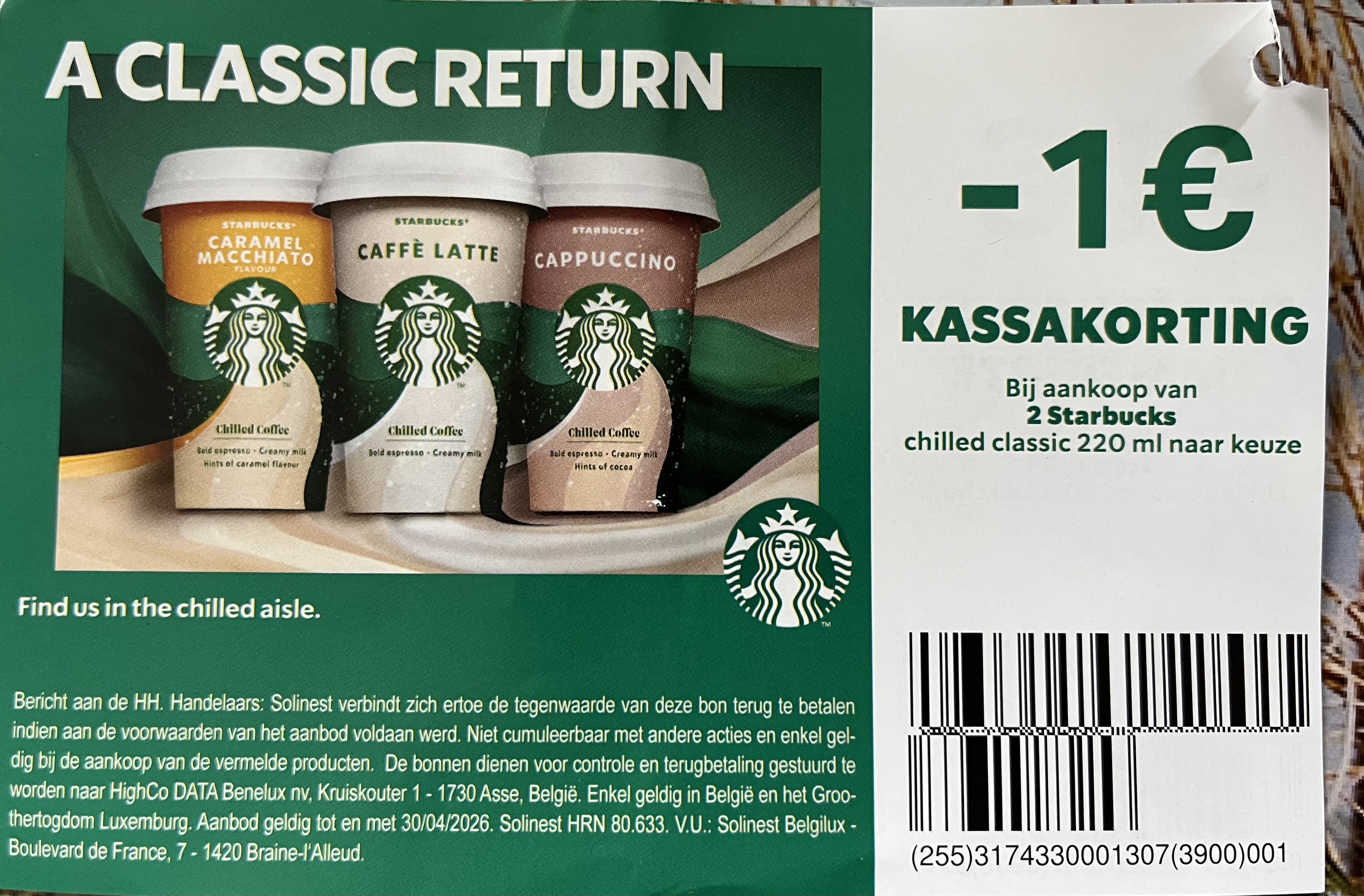 Coupon Starbucks aan rek bij Delhaize -1€/2 stuks