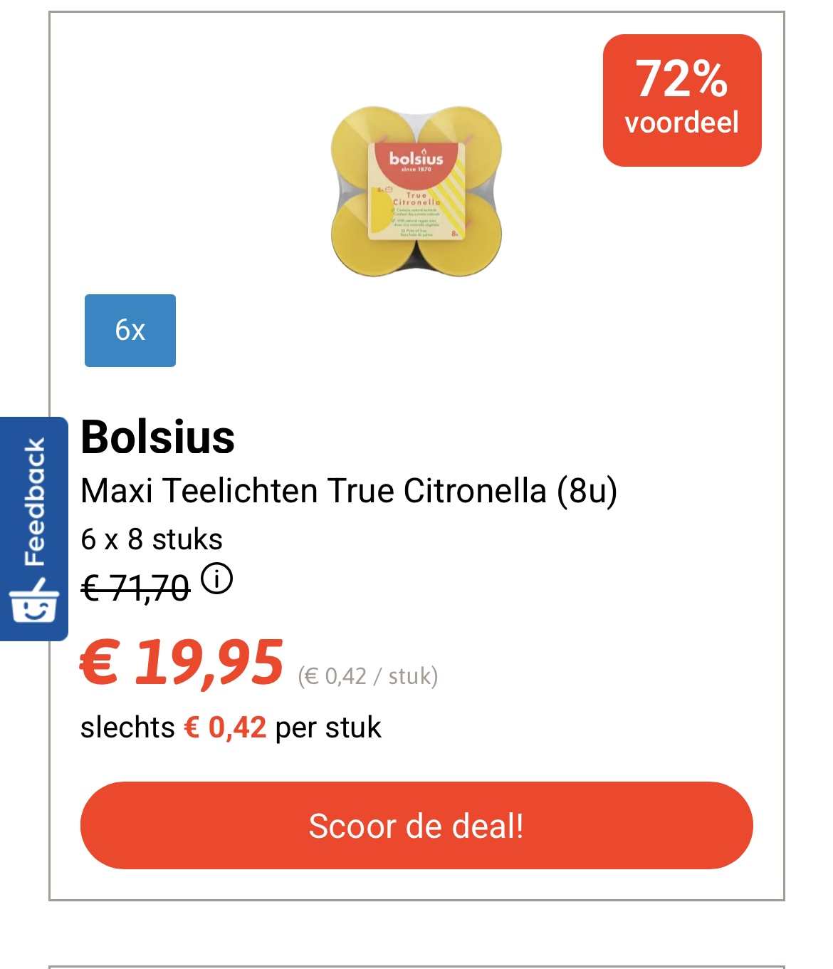 Bolsius maxi theelichten true citronella 72% voordeel op Collect en go deals