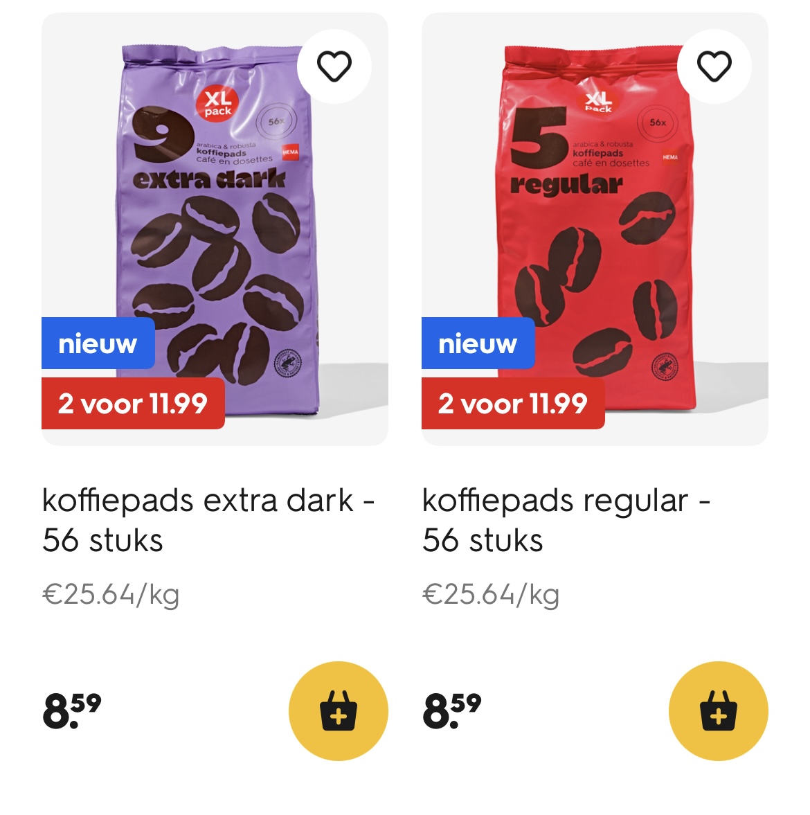 Verschillende koffiepads 56 stuks 2 voor 11,99€ bij hema.com