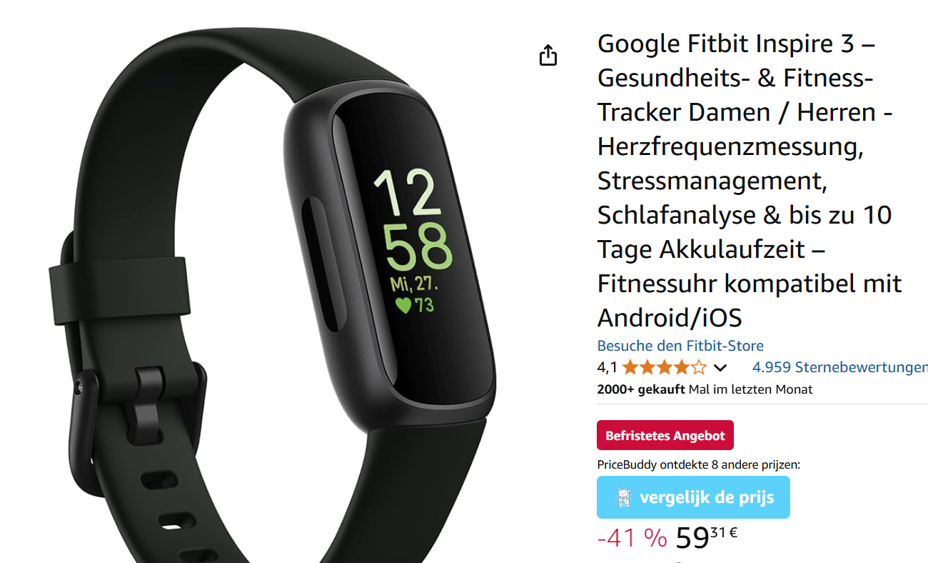 Google Fitbit Inspire 3 voor €59 ipv €99 op Amazon DE
