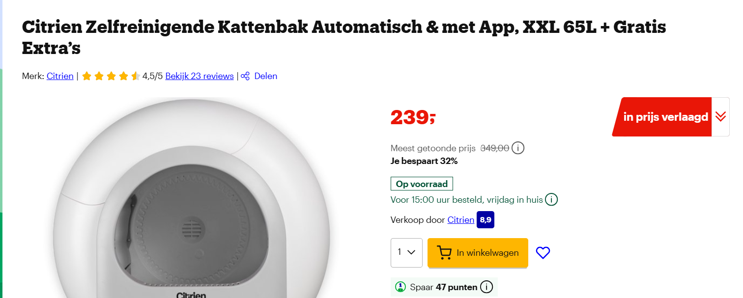 Zelfreinigende kattenbak met app en goede reviews nu -32%