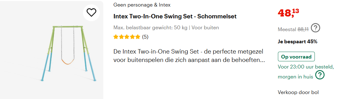 Intex schommel aan 48,13 euro bij bol