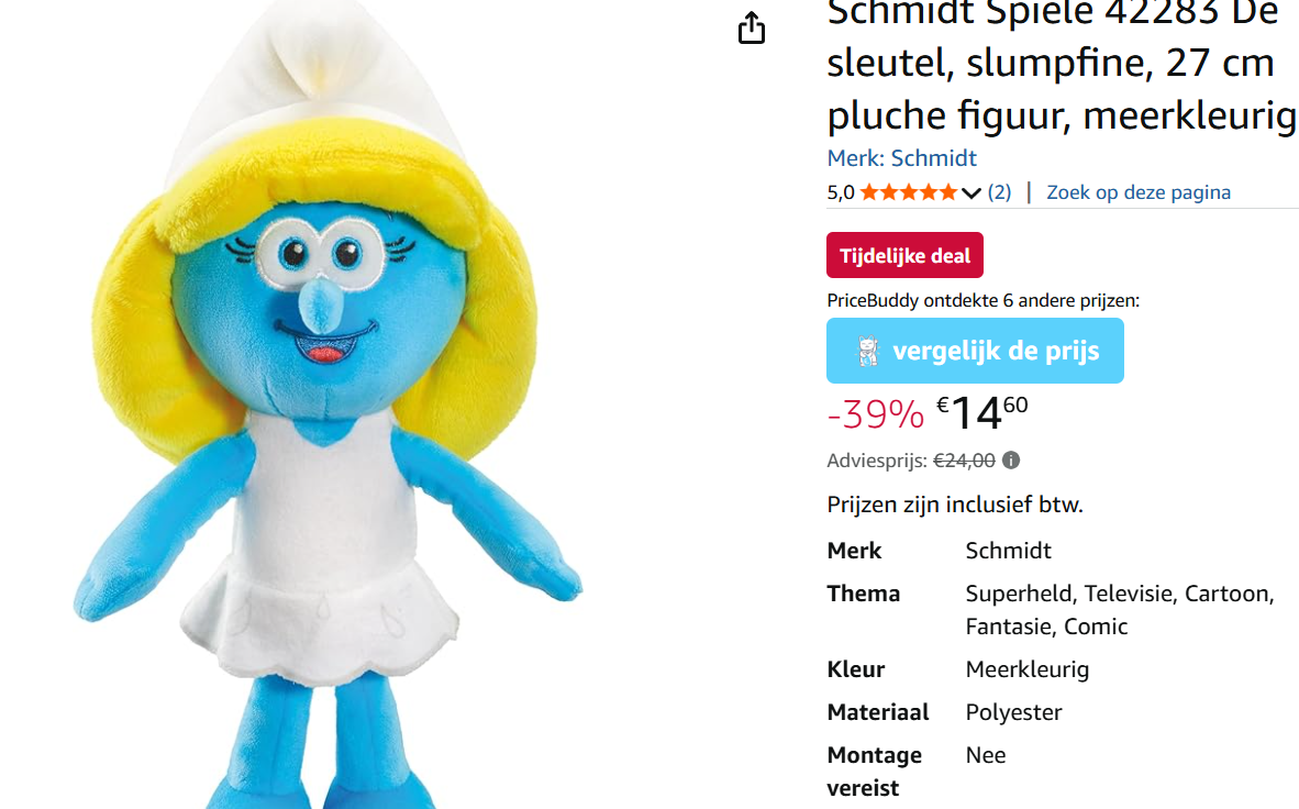 Pluche Smurfin 27 cm voor €14,60 ipv €24