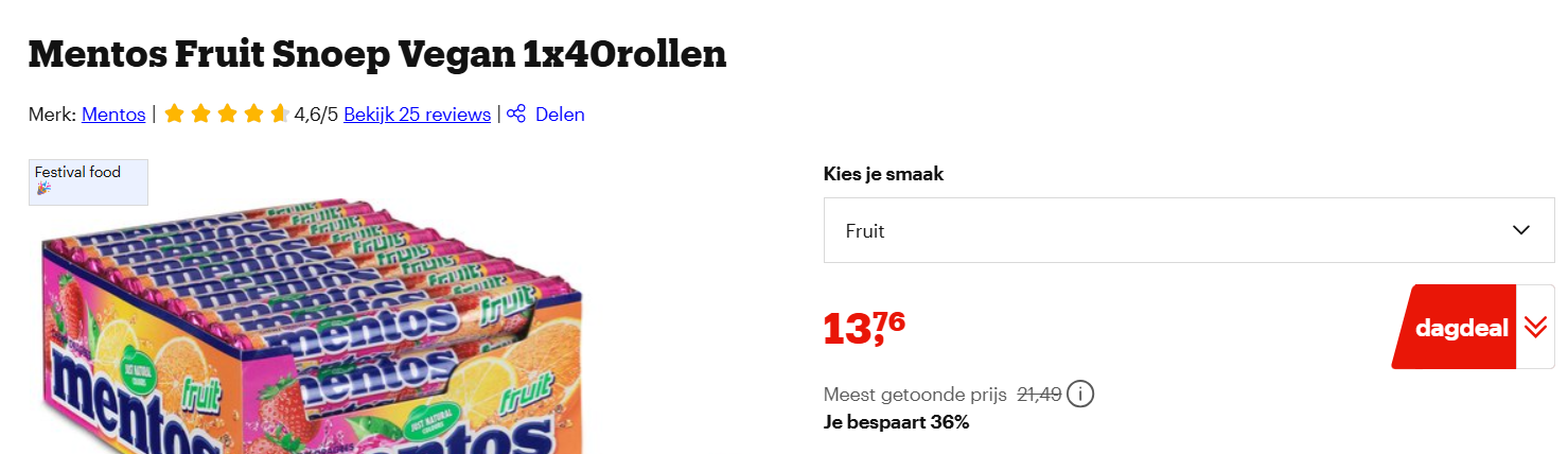 Mentos 40 fruitrollen voor 13,76€ bij bol