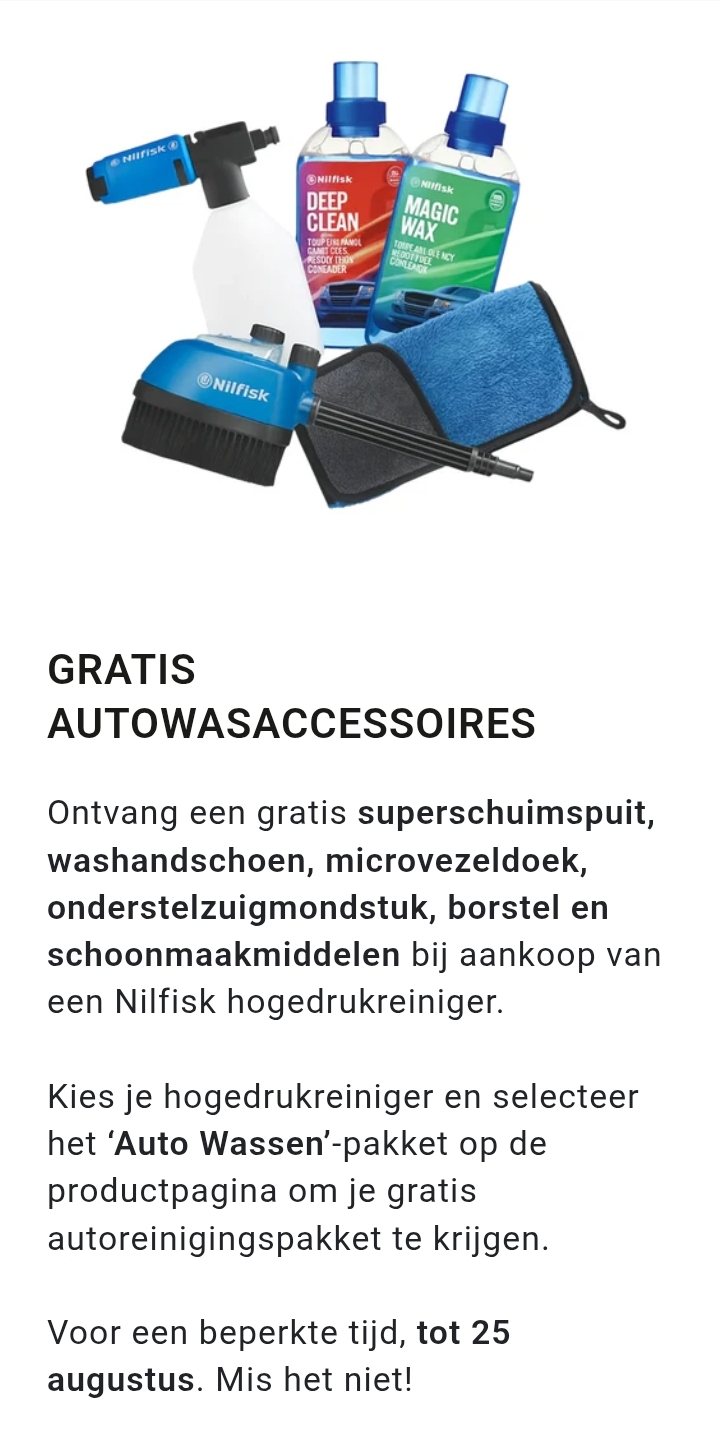 Gratis autowasaccessoires bij aankoop Nilfisk hogedrukreiniger