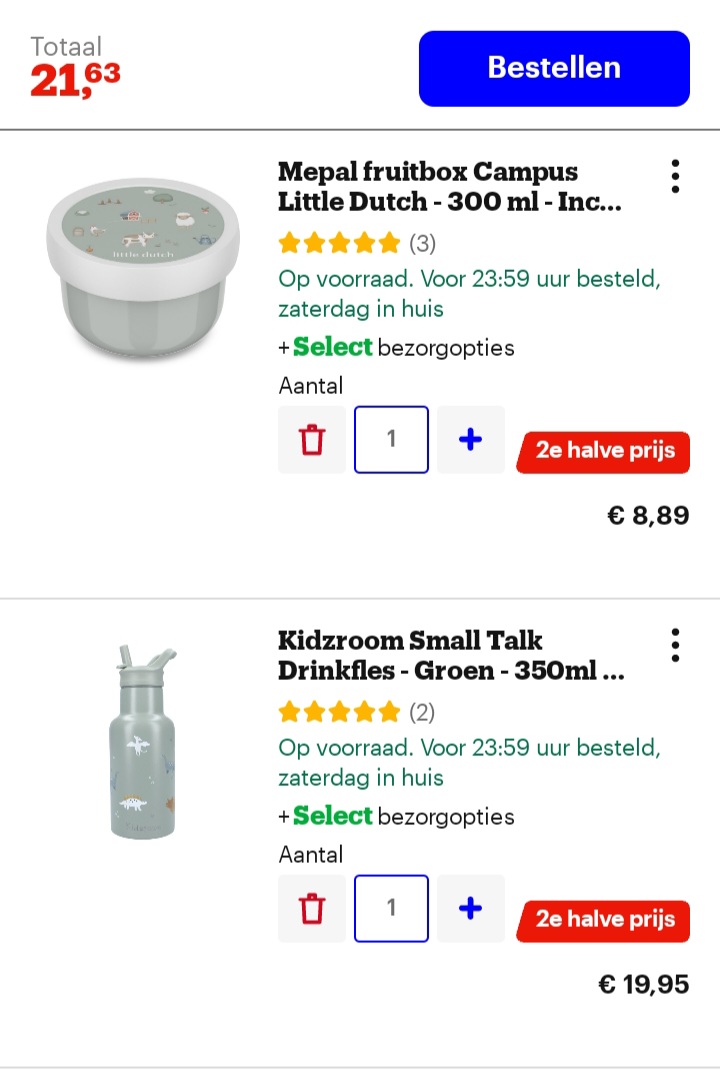 2e halve prijs op lunchdozen en bekers bij bol