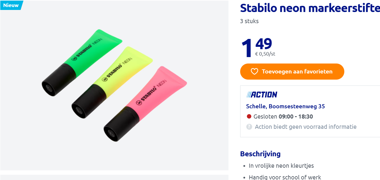Stabilo Neon markeerstiften aan €0,50/stuk bij Action
