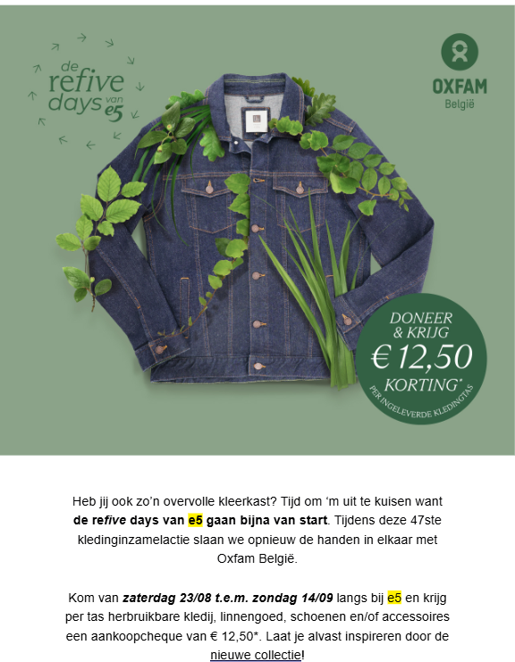 €12,50 korting bij e5 in ruil voor oude kleding/linnengoed/schoenen/accessoires 🛍️
