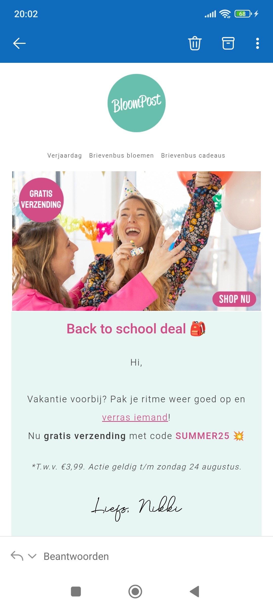 Gratis verzending bij bloompost