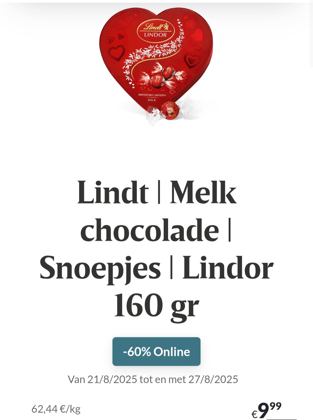 Delhaize online -60% Lindt melk chocolade linfor 160gr