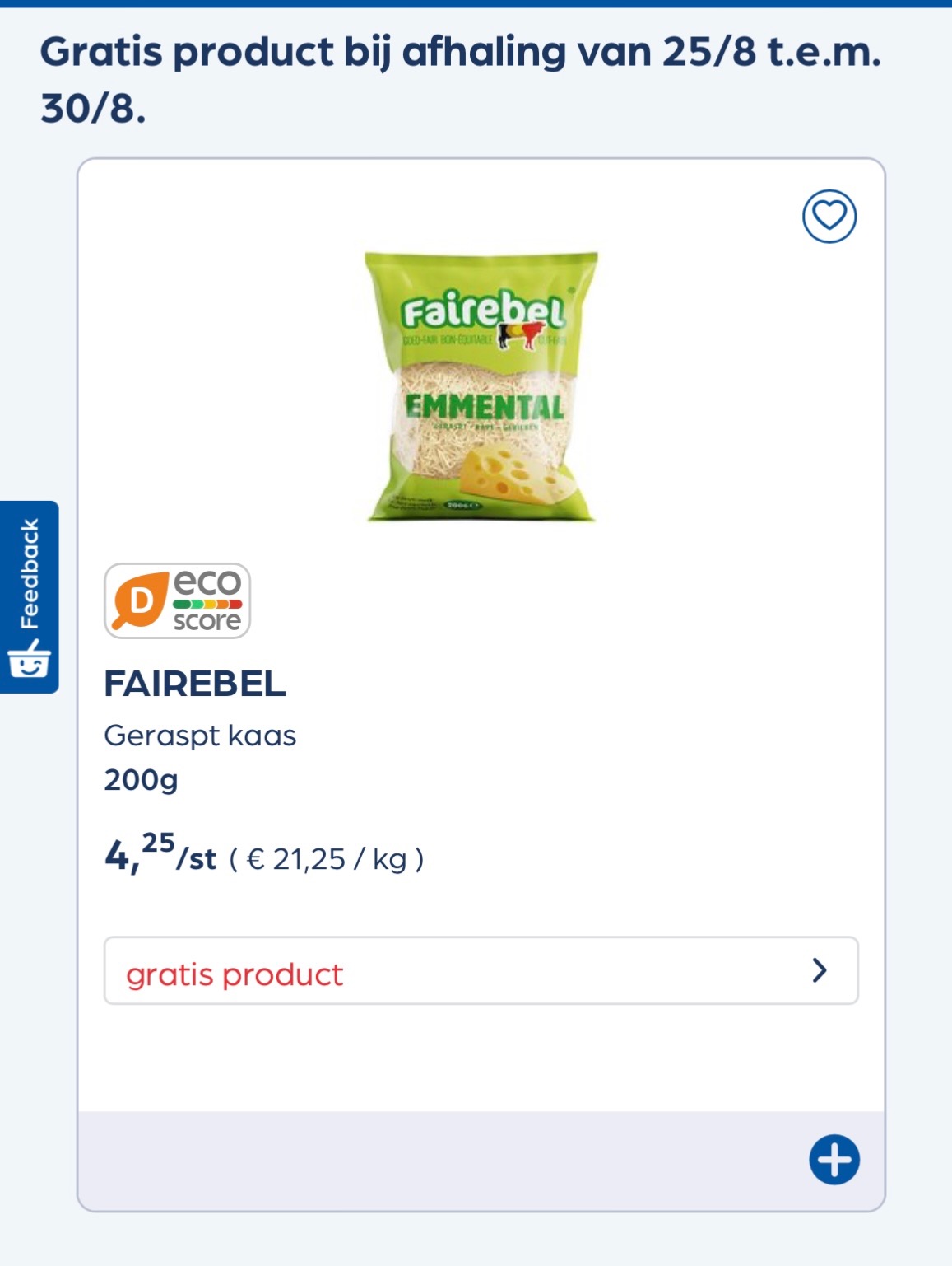 Gratis fairebel geraspte kaas 200 gram bij bestelling op Collect en go