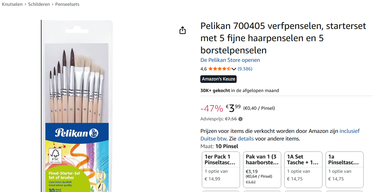 Pelikan 700405 verfpenselen, starterset 10 stuks voor 3.99€