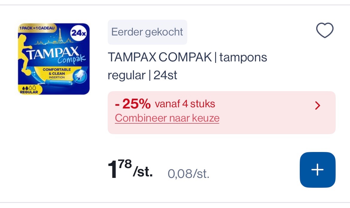 Tampax compak tampons regular 24 stuks goedkoper met 25% korting bovenop