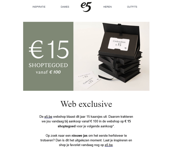 e5.be: €15 shoptegoed bij aankoop vanaf €100