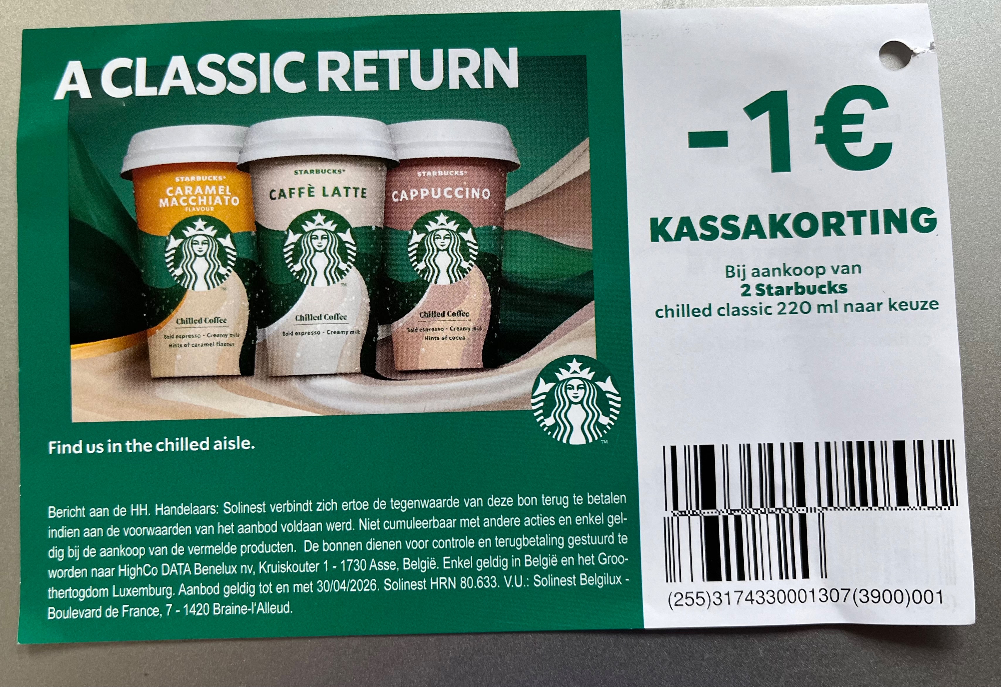 Coupon voor Starbucks -1€ bij de producten aan rek